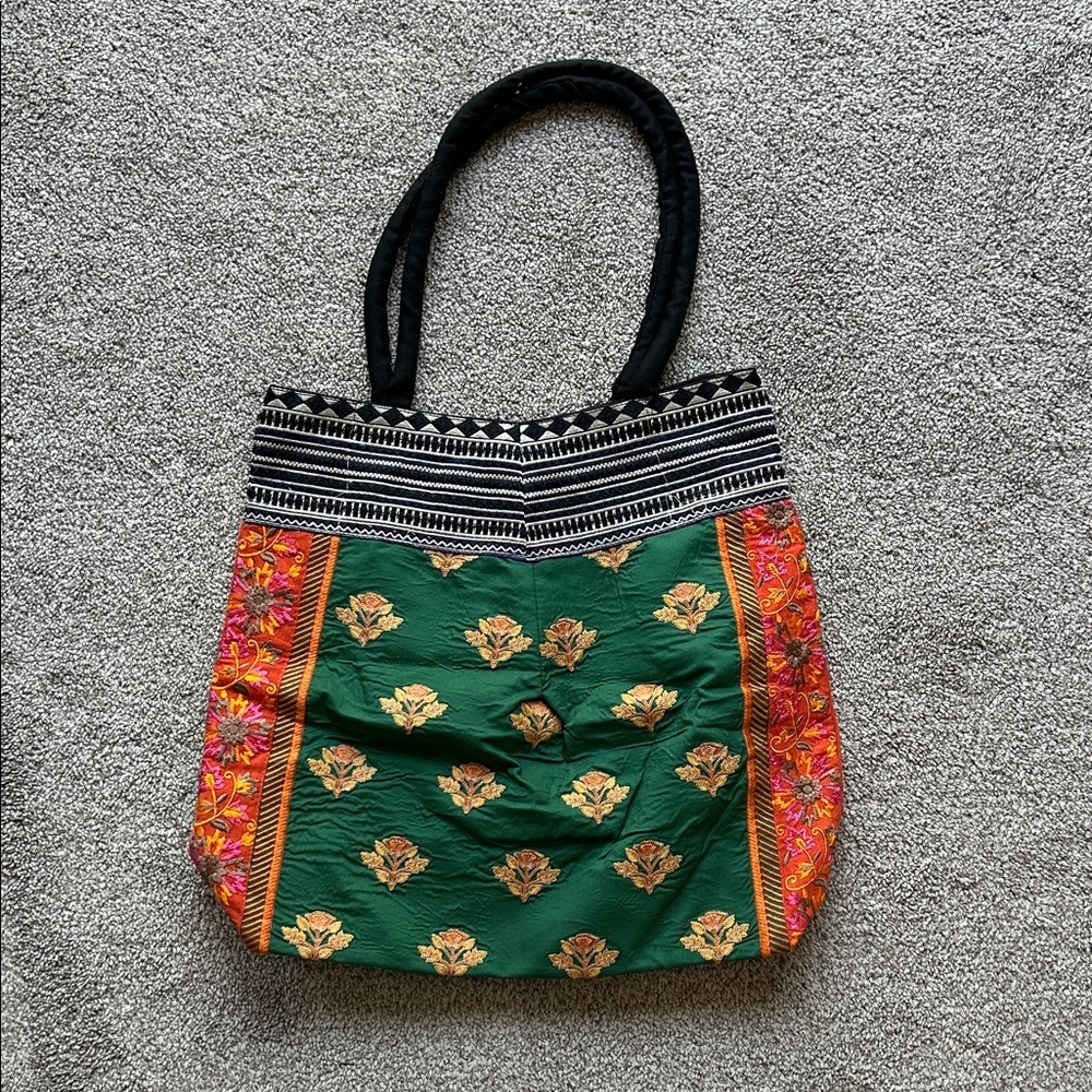 Khaadi Floral Embroidered Tote Bag in Green, Orange, and Pink